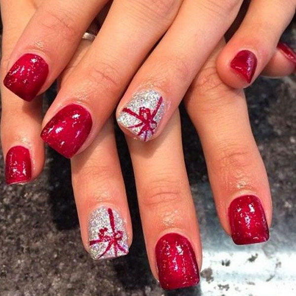 Red Colored Christmas Nails with a Present Tie #Christmas #nails #trendypins