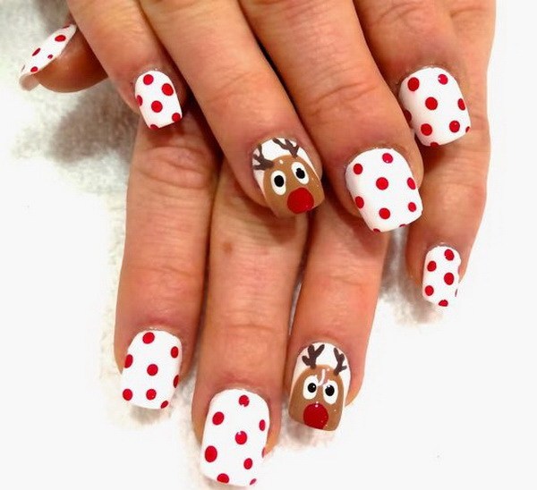 Red Dots on White Base and Reindeer Christmas Nails #Christmas #nails #trendypins