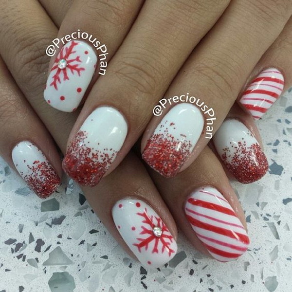 Red Glitter and Snowflakes Christmas Nails on White Base #Christmas #nails #trendypins