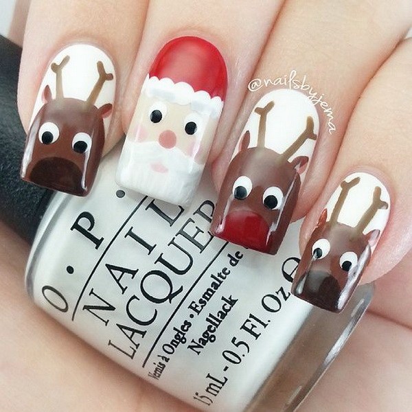 Santa Claus and Reindeers on a White Base Christmas Nails #Christmas #nails #trendypins