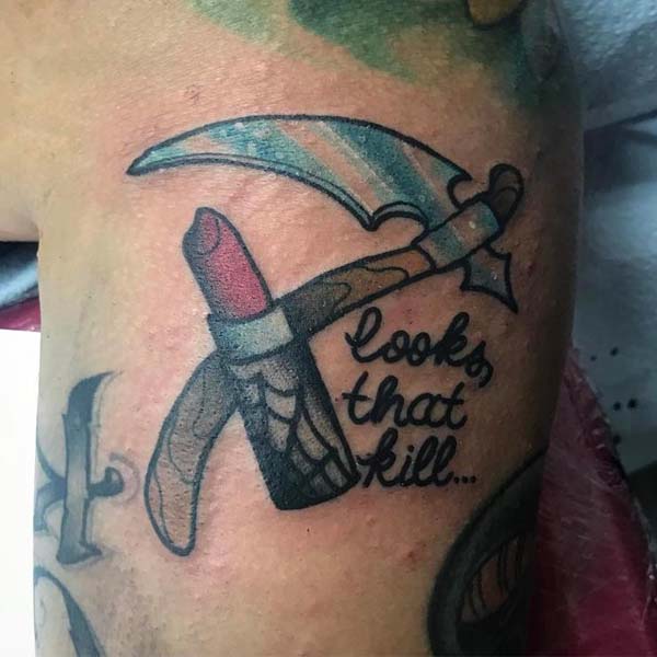 Scythe With a Pair of Lipstick Featuring the Words "Looks That Kill" #Halloween #tattoos #trendypins