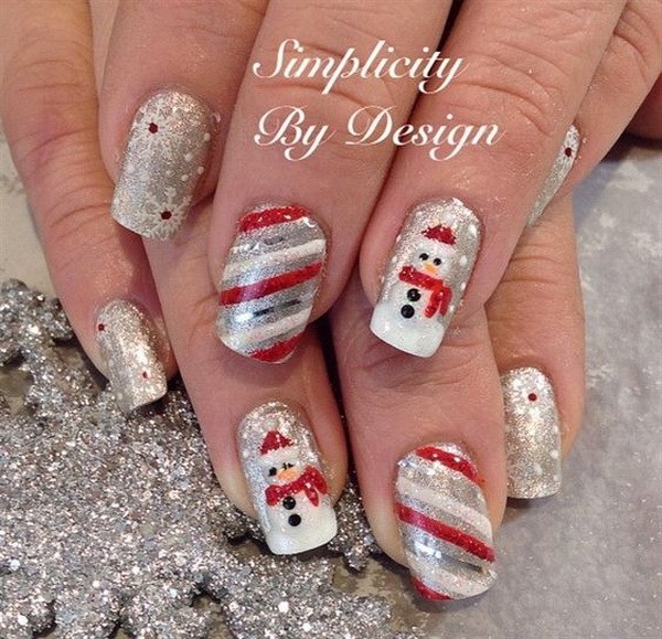 Silver Snowman and Striped Christmas Nails #Christmas #nails #trendypins