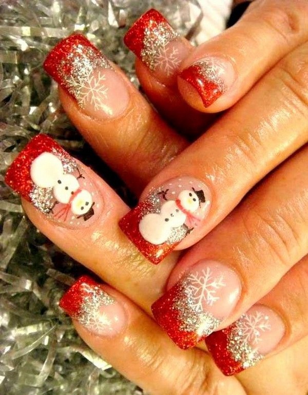 Snowman Christmas Nails on Red French Manicure Base #Christmas #nails #trendypins