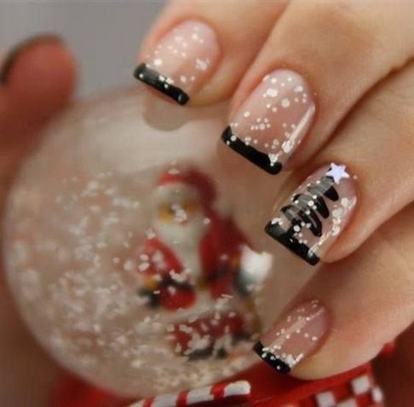 Transparent and Black French Manicure With Christmas Tree Design #Christmas #nails #trendypins