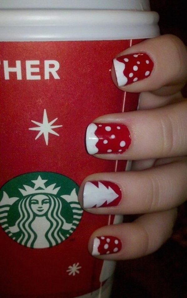 White Dotted on Red Base Christmas Nails #Christmas #nails #trendypins