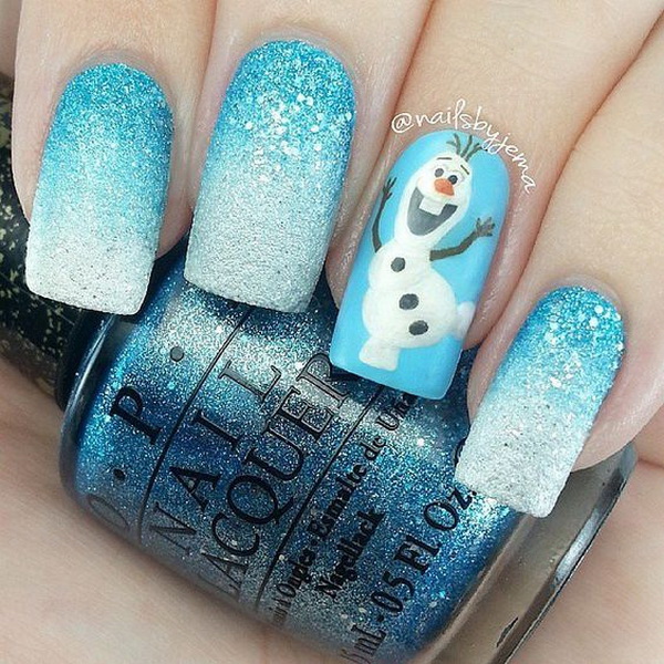 Winter Glitter Blue Christmas Nails with Olaf Design #Christmas #nails #trendypins