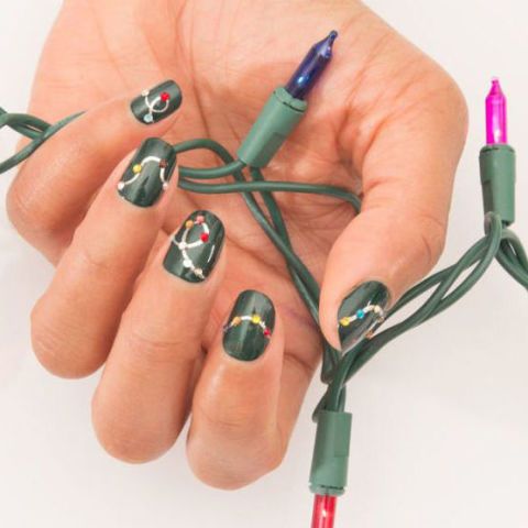 Green Base with String Christmas Lights #Christmas #nails #trendypins