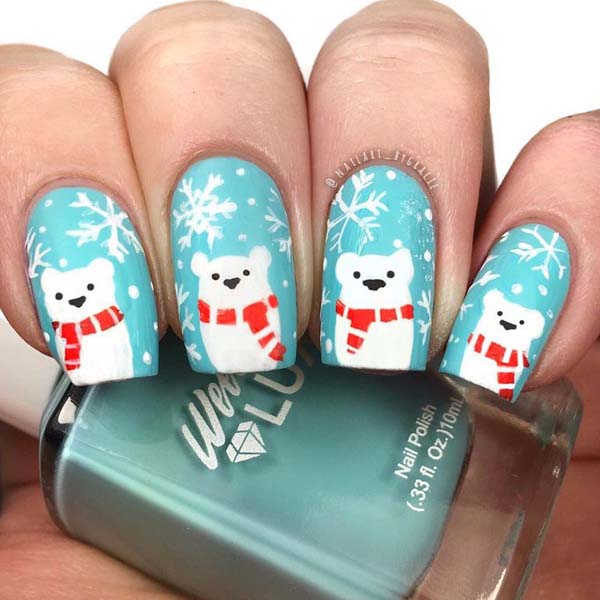 Polar Bear Christmas Nails on Blue Base #Christmas #nails #trendypins
