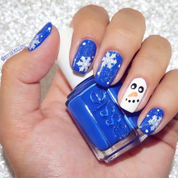Snowman and Snowflakes on Еssie Blue Base #Christmas #nails #trendypins