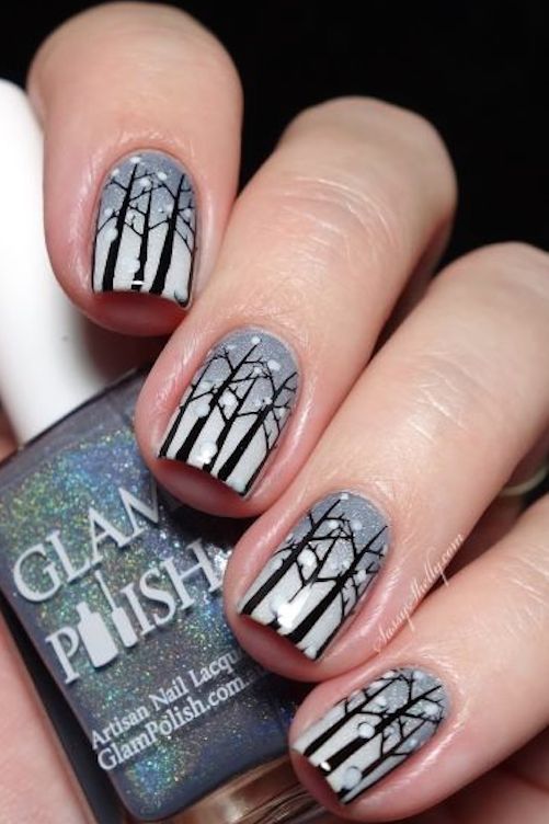 Snowy Forest Nails and a Gray Gradient with Tree Stamping #Christmas #nails #trendypins