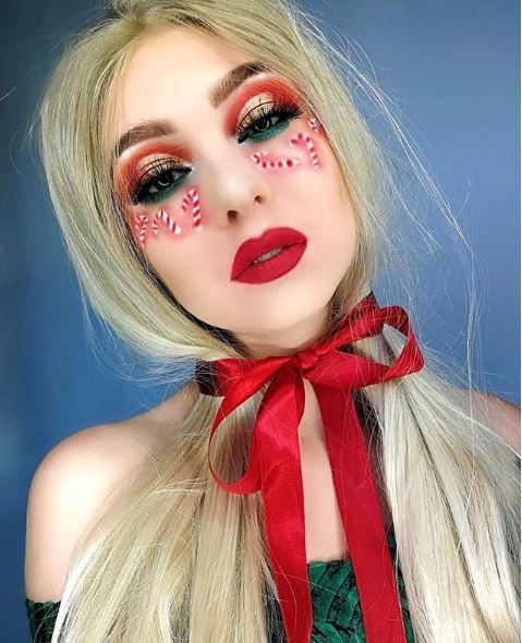 Candy Cane Christmas Face Makeup and Red Ribbon #Christmas #makeup #beauty #trendypins