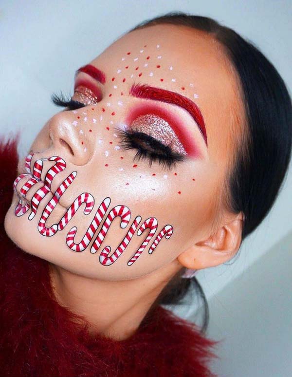 Candy Cane Face Painting and White Red Dotted Makeup #Christmas #makeup #beauty #trendypins