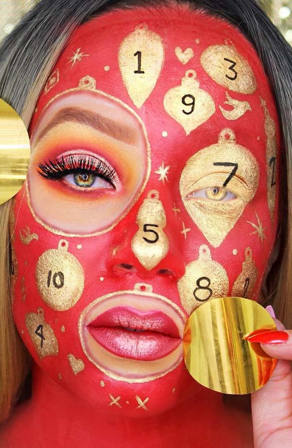 Christmas Face Painting with Gold and Red Colors #Christmas #makeup #beauty #trendypins