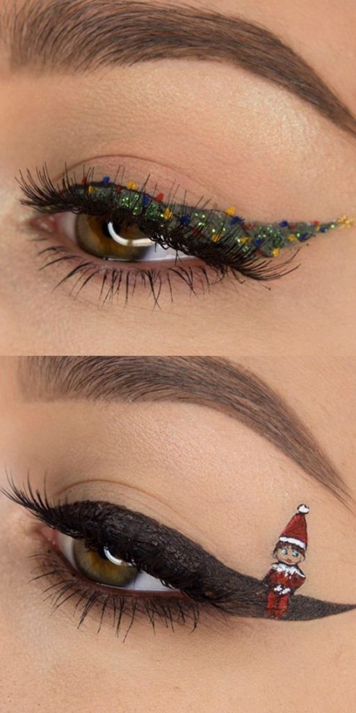 Delineador de ojos de árbol de Navidad y Papá Noel en la esquina de los ojos #Navidad #maquillaje #belleza #trendypins