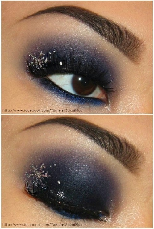 Sombras de ojos azul oscuro y copos de nieve plateados #Navidad #maquillaje #belleza #trendypins