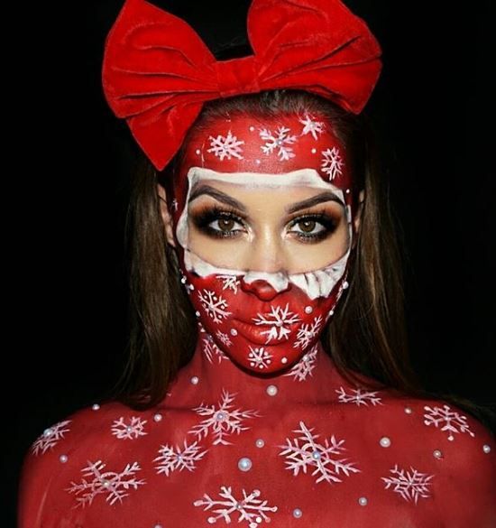 White Pearls, Snowflakes and Red Ribbon Christmas Makeup Look #Christmas #makeup #beauty #trendypins