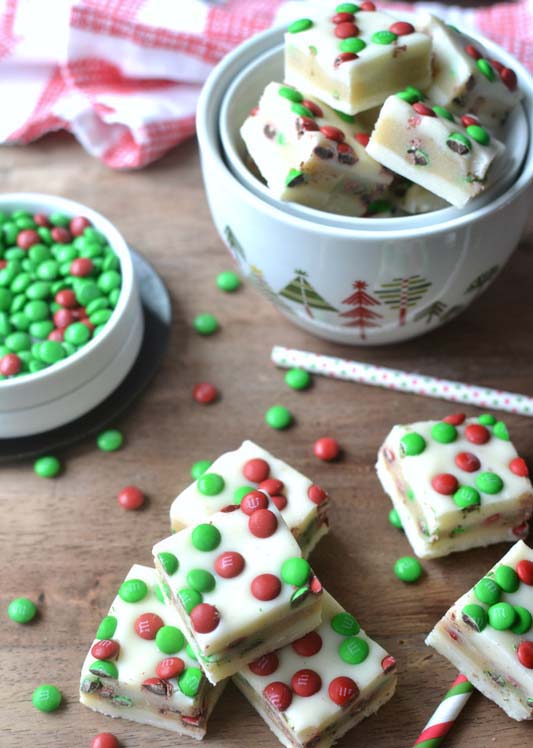 MM Cookie Dough Stuffed Fudge #Christmas #candy #recipes #trendypins