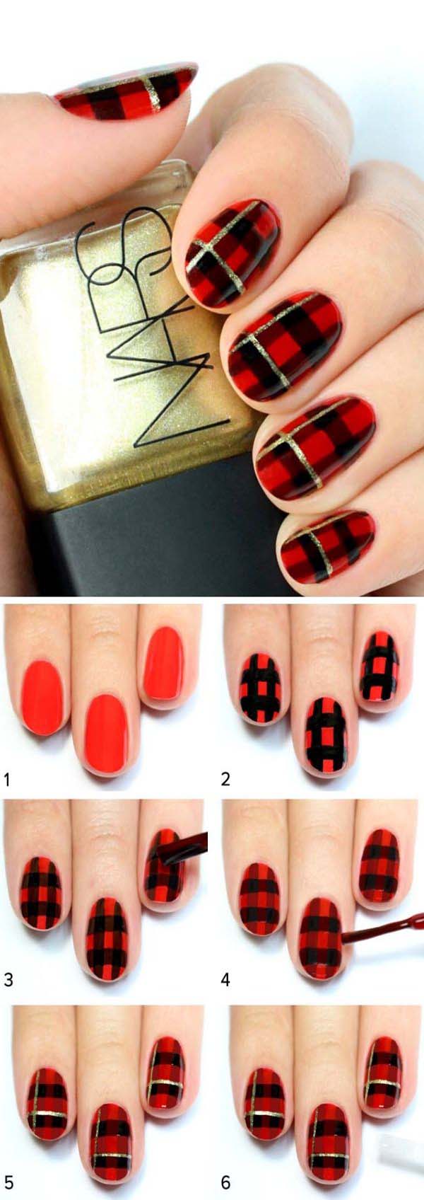 Black and Red Plaid Print Nail #Christmas #nails #tutorials #trendypins