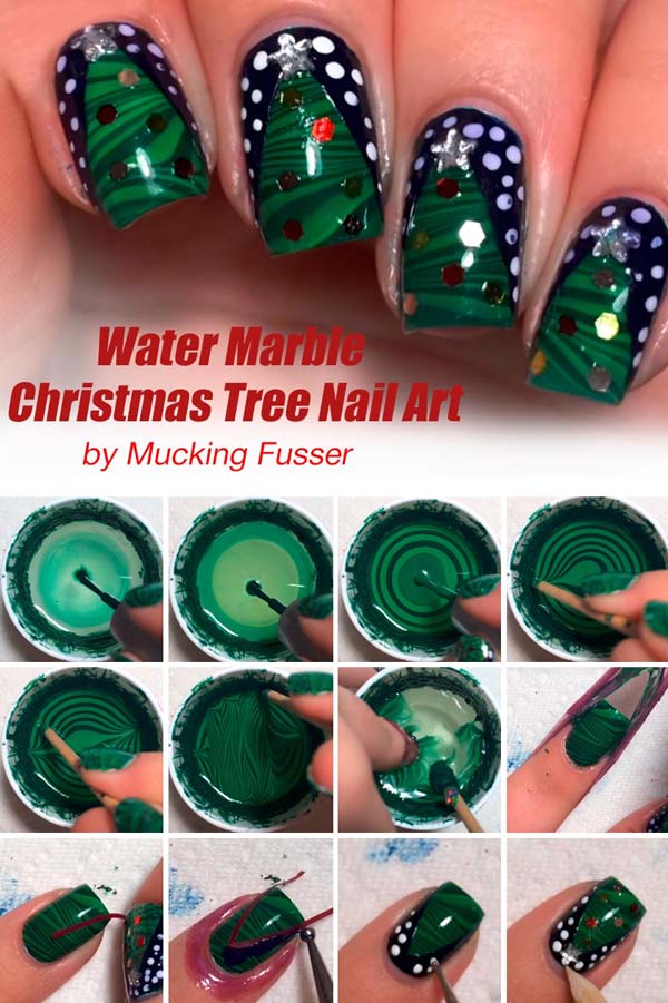 Water Marble Christmas Tree #Christmas #nails #tutorials #trendypins