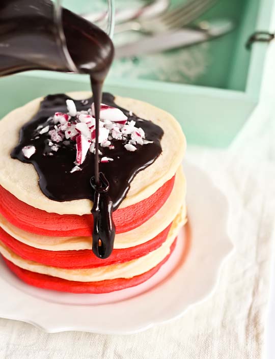 Christmas Pancakes with Candy Cane Chocolate Syrup #Christmas #breakfast #recipes #trendypins