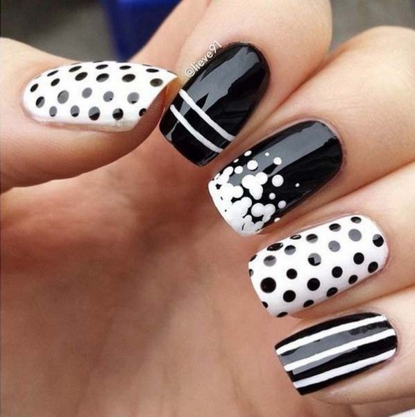 Black and White Nail Art with Polka Dots and Strips #polkadotnails #trendypins