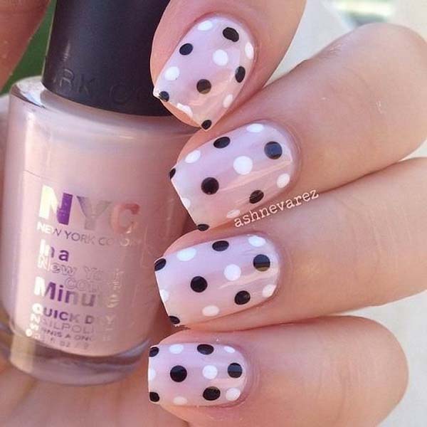 5. Black and White Polka Dots on Nude Nail Background #polkadotnails #trendypins