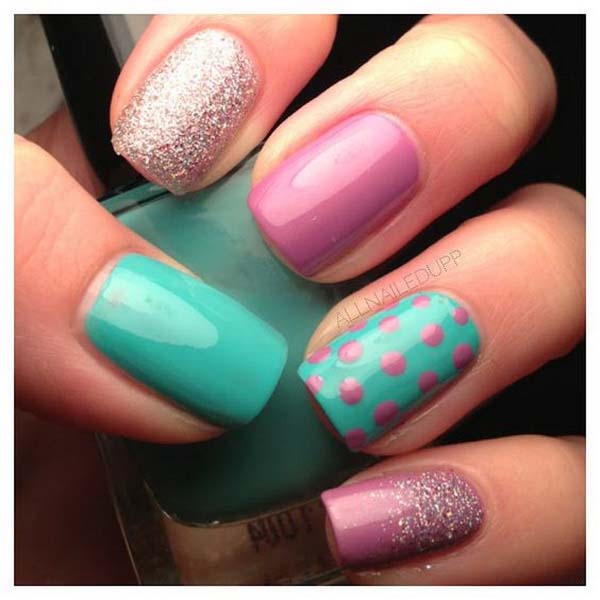 13. Green & Purple Polka Dot Nails #polkadotnails #trendypins
