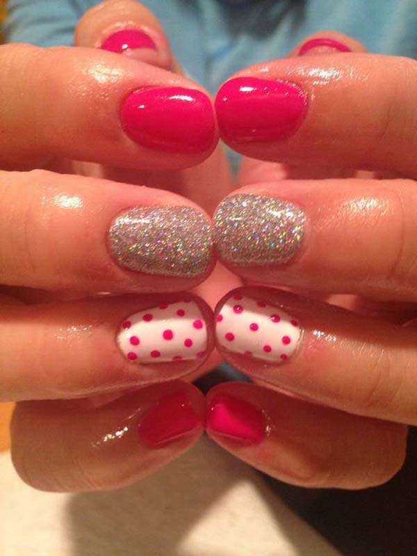 14. Hot Pink and White Polka Dot Nails with Silver Glitter Accents #polkadotnails #trendypins