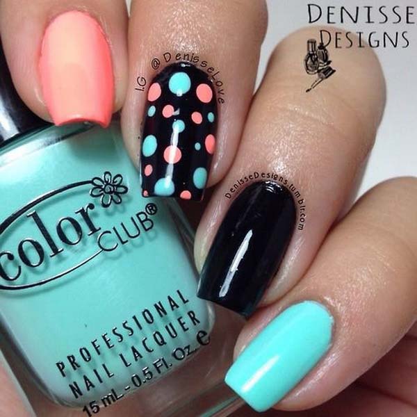 Mint and Coral Polka Dots on Black Nail Base Nail Art #polkadotnails #trendypins