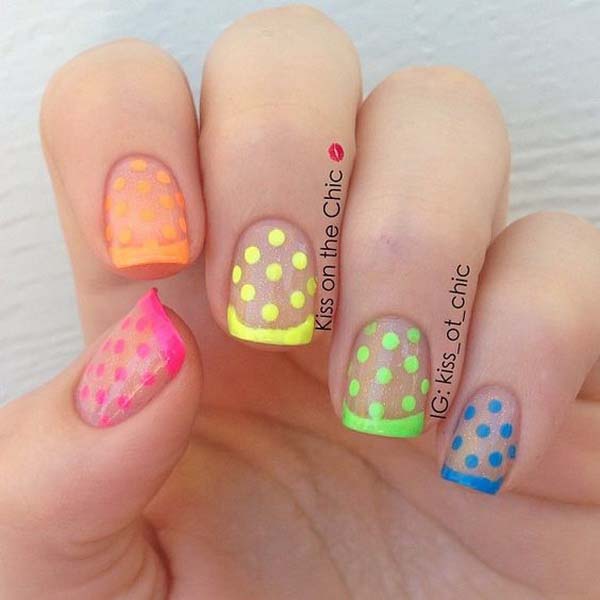 21. Neon French and Polka Dots Over Clear Glitter #polkadotnails #trendypins