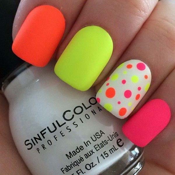 22. Neon Nail Art Design with Polka Dots #polkadotnails #trendypins