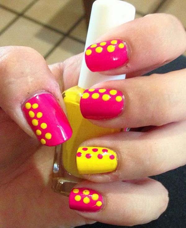26. Pink and Yellow Polka Dot Nail Art Designs #polkadotnails #trendypins