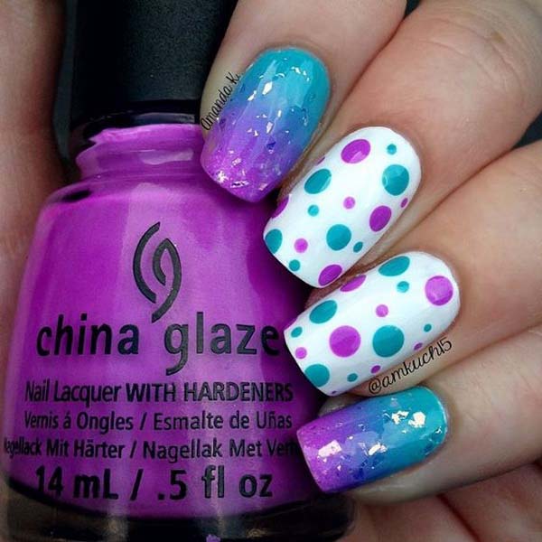 29. Purple and Blue Polka Dots On White Nail Polish Base #polkadotnails #trendypins