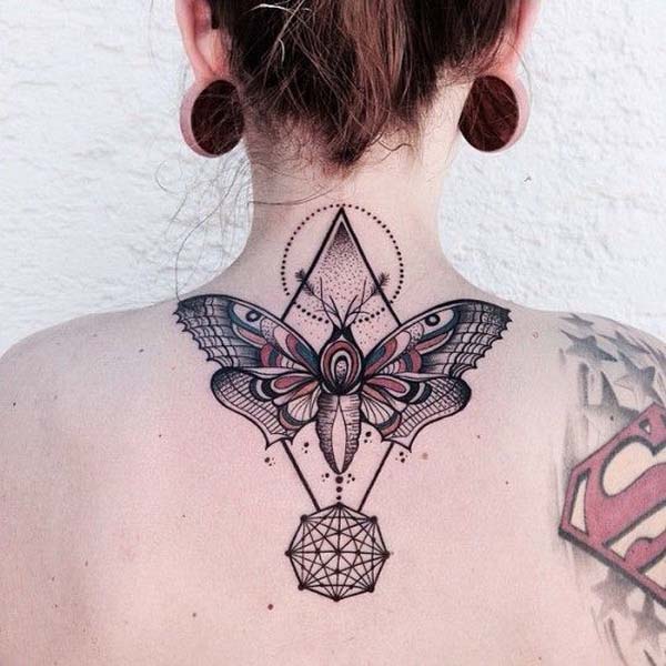 13.Butterfly Tattoo On Back Of Neck with Lot's of Complimentary Elements and Details #tattoos #necktattoos #trendypins