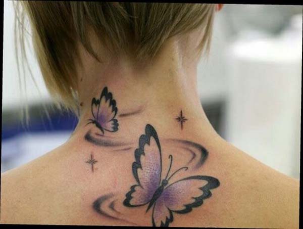 28.Flying Butterflies Tattoo On Back Of Neck #tattoos #necktattoos #trendypins
