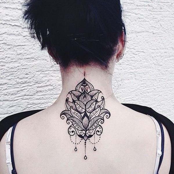 32.Lotus and Mandala with Embellishments Tattoo Design on Back Neck #tattoos #necktattoos #trendypins