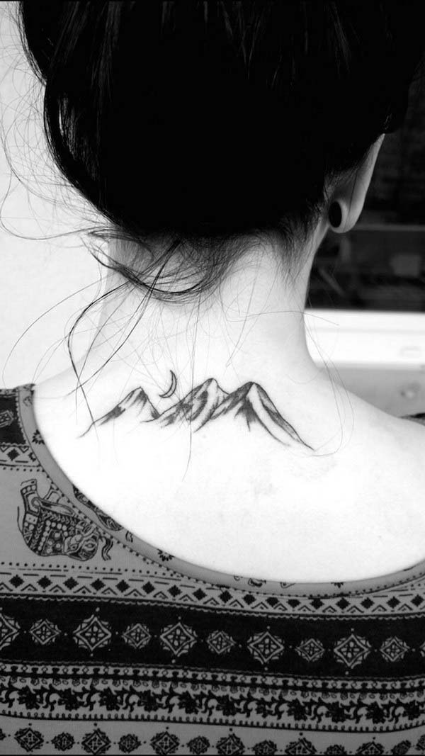 38.Mountains and Moon Tattoo on Back of Neck #tattoos #necktattoos #trendypins
