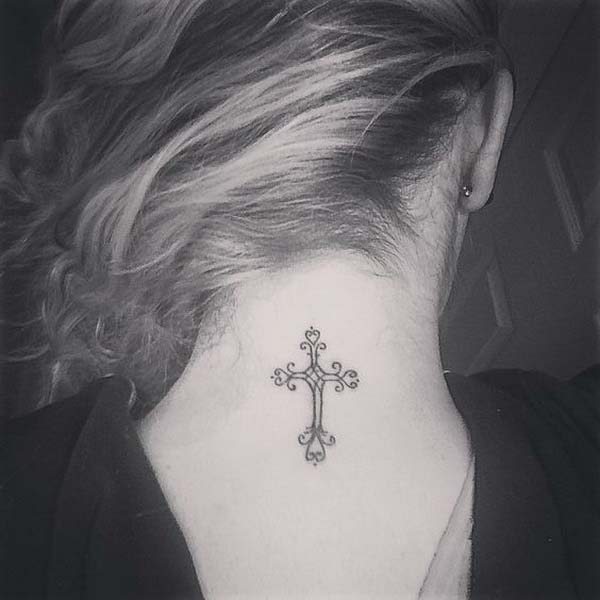 49.Stylish Cross Tattoo on Back of Neck #tattoos #necktattoos #trendypins