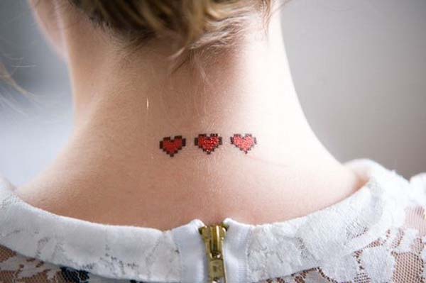 51.Three Mini Red Hearts Tattoo On Back of Neck #tattoos #necktattoos #trendypins