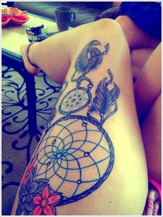 Awesome Colored Thigh Dream Catcher Tattoo #trendypins