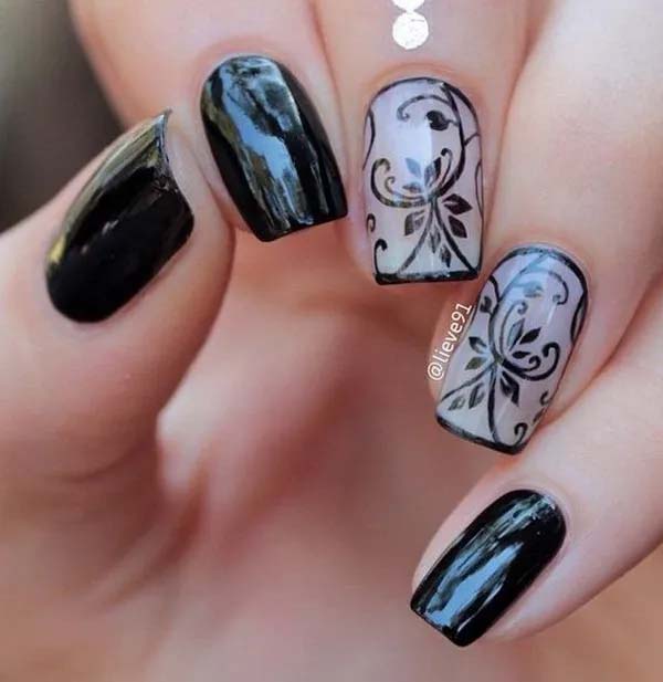 3. Black And Nude Floral Nail Art Design #blacknails #beauty #trendypins