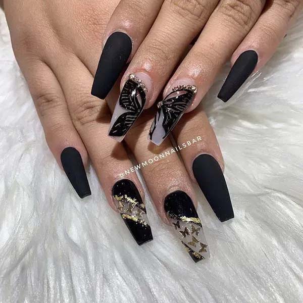 2. Black Coffin Nails With Butterflies #acrylicnails #beauty #trendypins