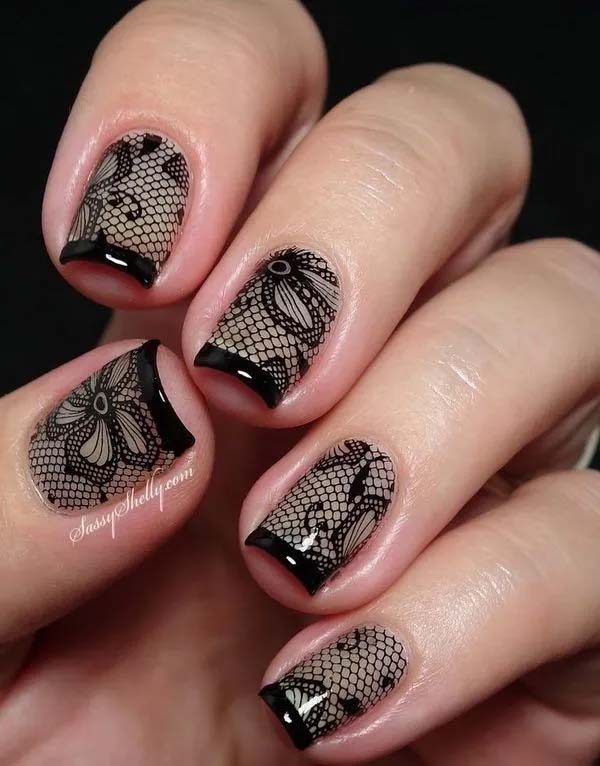 11. Black Lace Nail Art Design With French Tips #blacknails #beauty #trendypins