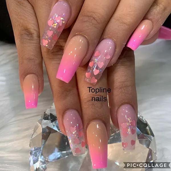 16. Cute Clear Acrylic Nails With Hearts #acrylicnails #beauty #trendypins