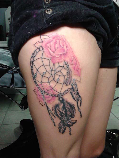 Cute Pink Roses Thigh Dream Catcher Tattoo #trendypins