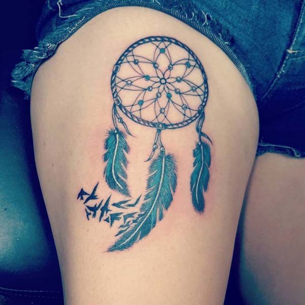 Flying Birds And Dreamcatcher Tattoo On Right Thigh #trendypins