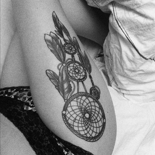 Grey Ink Dreamcatcher Tattoo On Side thigh #trendypins