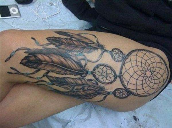 Grey Ink Dreamcatcher Tattoo On Thigh #trendypins