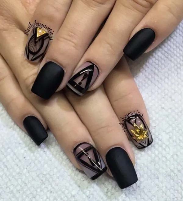 24. Matte Black And Tribal Inspired Nail Art #blacknails #beauty #trendypins