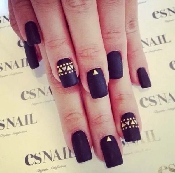 25. Matte Black Nails With Gold Studs #blacknails #beauty #trendypins